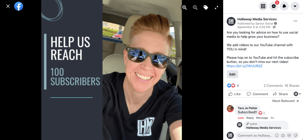 holloway media services facebook post promoting their youtube channel