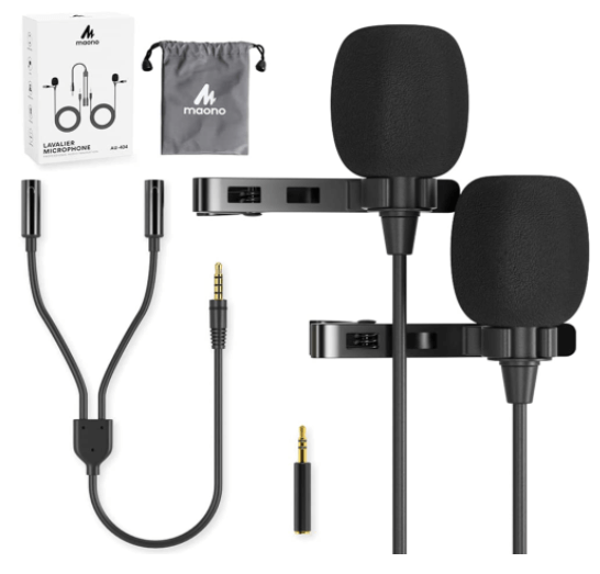 Lavalier Microphone 2 Pack MAONO Omnidirectional Dual Lapel Clip-on Mic